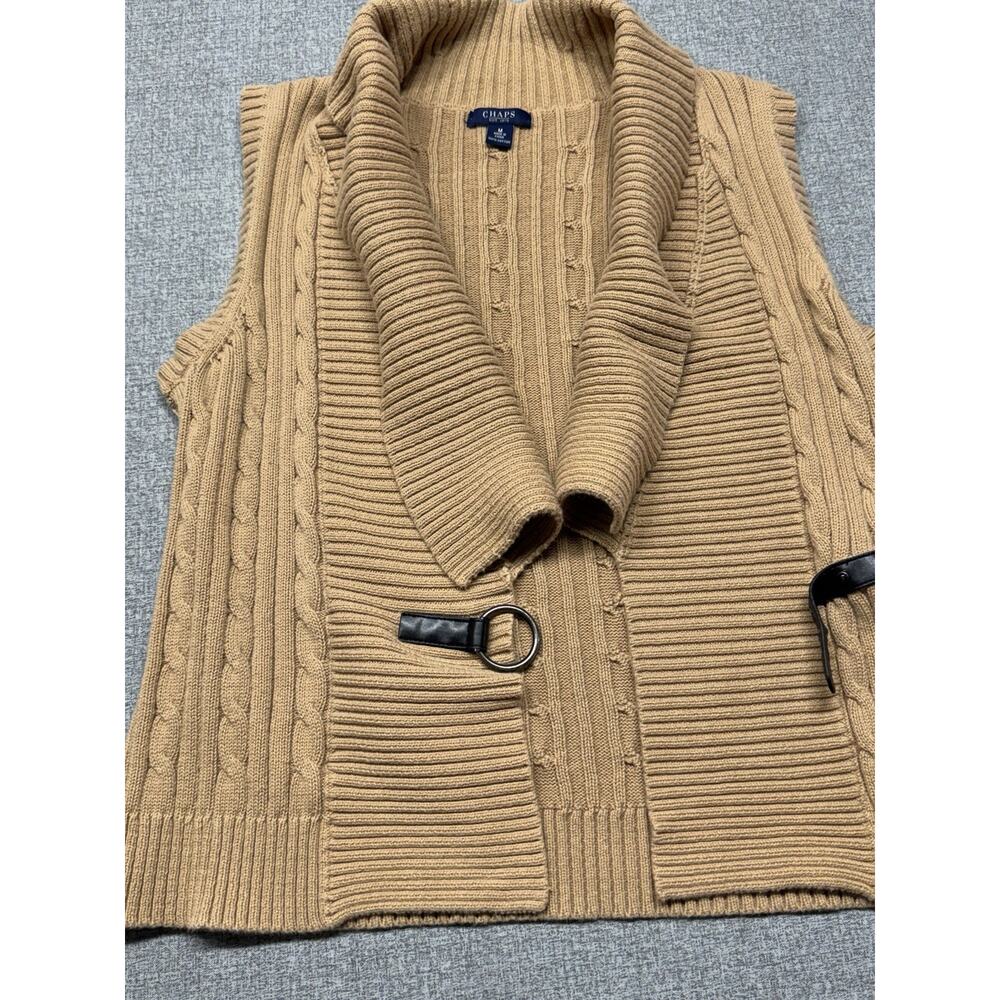 Chaps Cable Knit Sweater Vest Womens Medium Tan Belted Shawl Collar Cotton